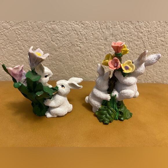 2 Bunny Rabbit With Flowers Decor Figurines.  4” Tall.  Easter Spring - Picture 2 of 5